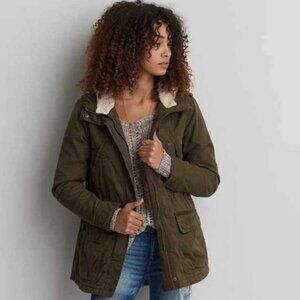 New XXS American Eagle hooded waxed cotton parka in Olive